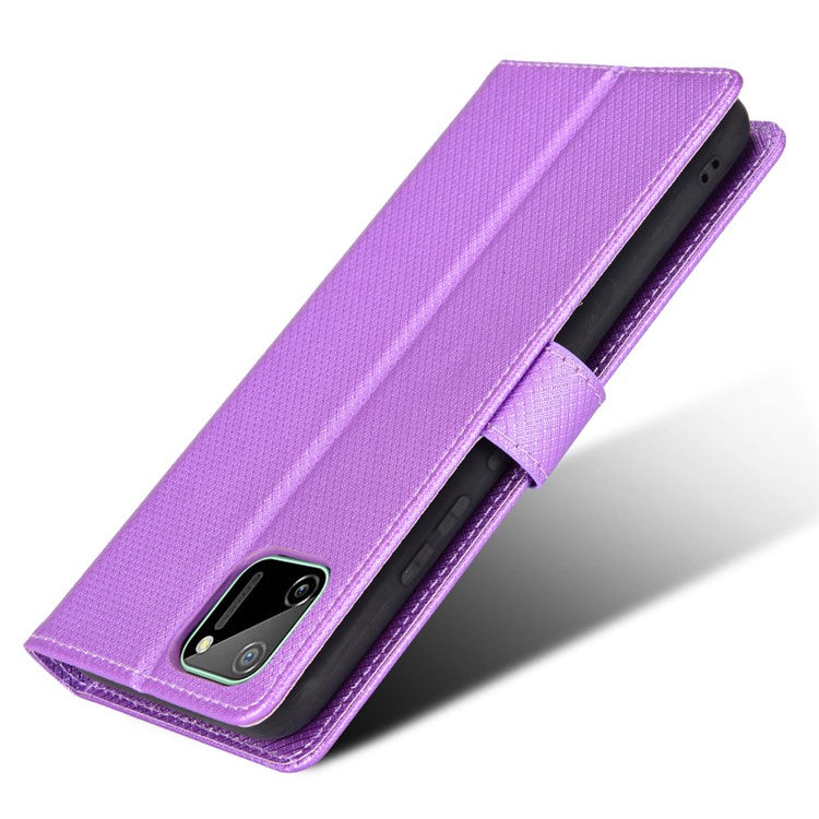 For Realme C11 Diamond Texture Phone Case Cover PU Leather Anti-scratch Wallet Stand Cell Phone Shell with Strap - Purple