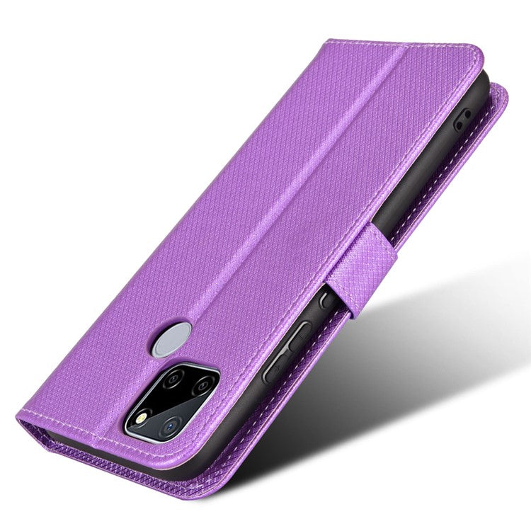 For Realme C12/C25/Narzo 20 Diamond Texture Phone Case Cover Fully Wrapped PU Leather Wallet Stand Cell Phone Shell with Strap - Purple