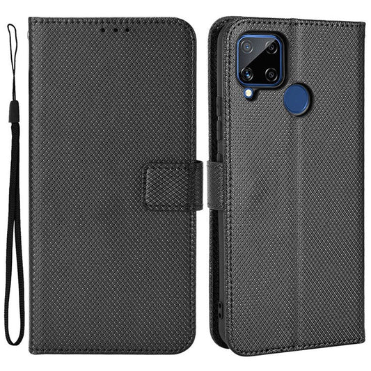 For Realme C15 Diamond Texture Magnetic Clasp Phone Case Cover PU Leather Wallet Stand Cell Phone Shell with Strap - Black