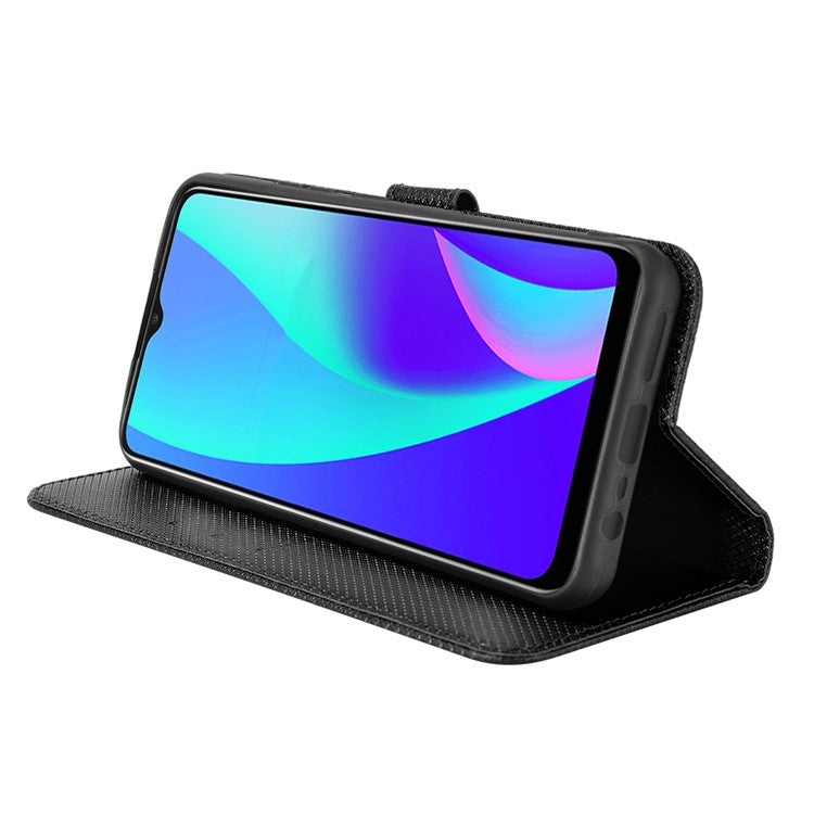 For Realme C15 Diamond Texture Magnetic Clasp Phone Case Cover PU Leather Wallet Stand Cell Phone Shell with Strap - Black