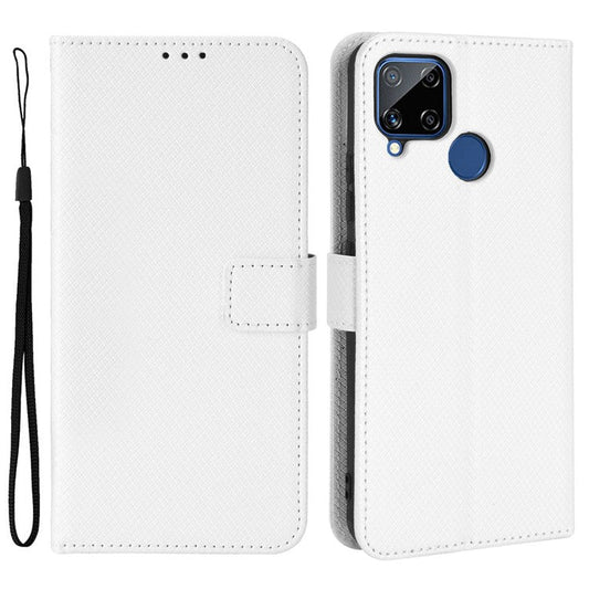 For Realme C15 Diamond Texture Magnetic Clasp Phone Case Cover PU Leather Wallet Stand Cell Phone Shell with Strap - White