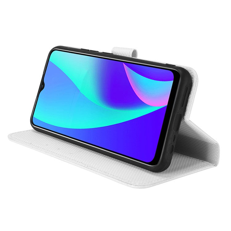 For Realme C15 Diamond Texture Magnetic Clasp Phone Case Cover PU Leather Wallet Stand Cell Phone Shell with Strap - White