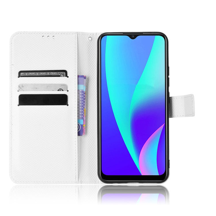 For Realme C15 Diamond Texture Magnetic Clasp Phone Case Cover PU Leather Wallet Stand Cell Phone Shell with Strap - White