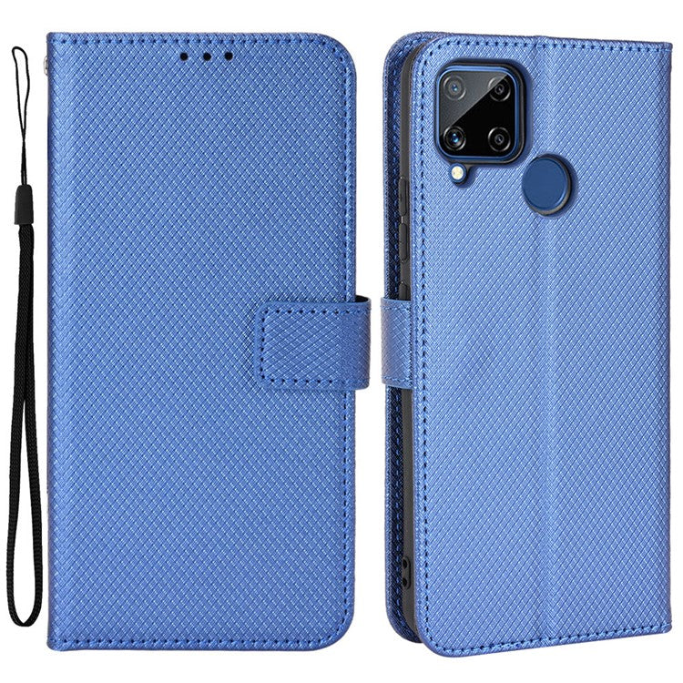 For Realme C15 Diamond Texture Magnetic Clasp Phone Case Cover PU Leather Wallet Stand Cell Phone Shell with Strap - Blue