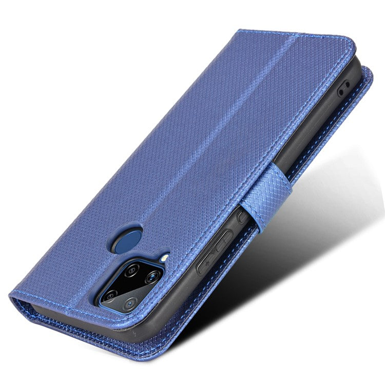 For Realme C15 Diamond Texture Magnetic Clasp Phone Case Cover PU Leather Wallet Stand Cell Phone Shell with Strap - Blue