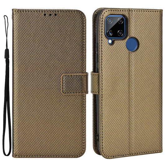 For Realme C15 Diamond Texture Magnetic Clasp Phone Case Cover PU Leather Wallet Stand Cell Phone Shell with Strap - Brown