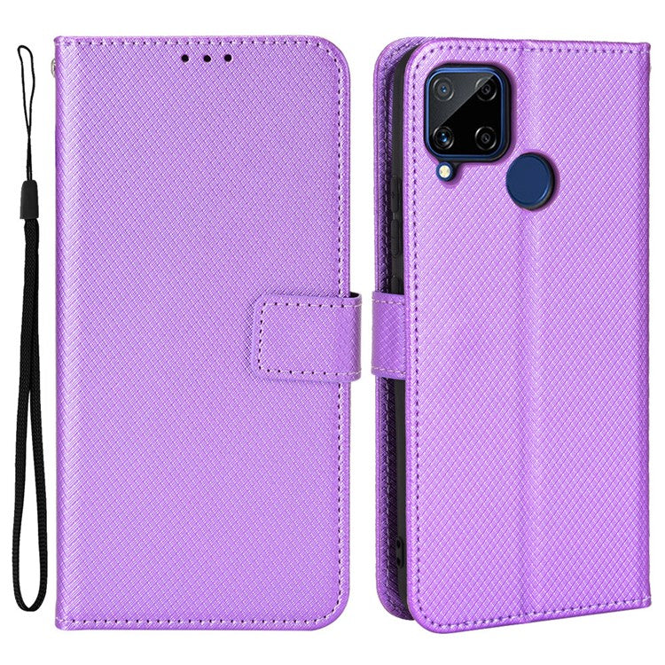 For Realme C15 Diamond Texture Magnetic Clasp Phone Case Cover PU Leather Wallet Stand Cell Phone Shell with Strap - Purple