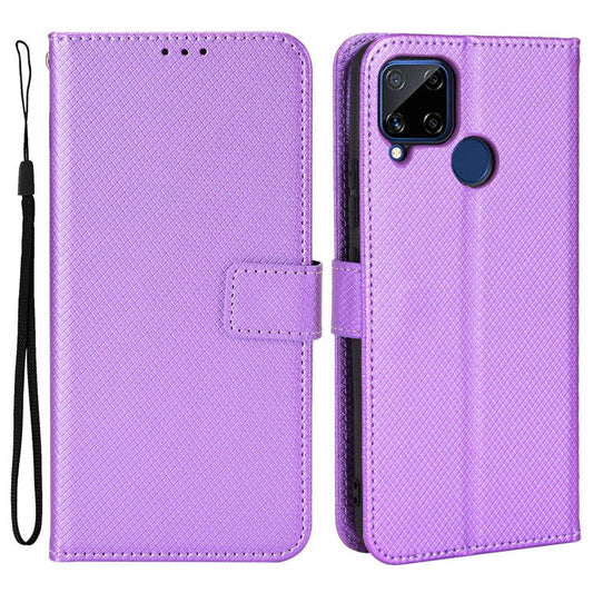 For Realme C15 Diamond Texture Magnetic Clasp Phone Case Cover PU Leather Wallet Stand Cell Phone Shell with Strap - Purple