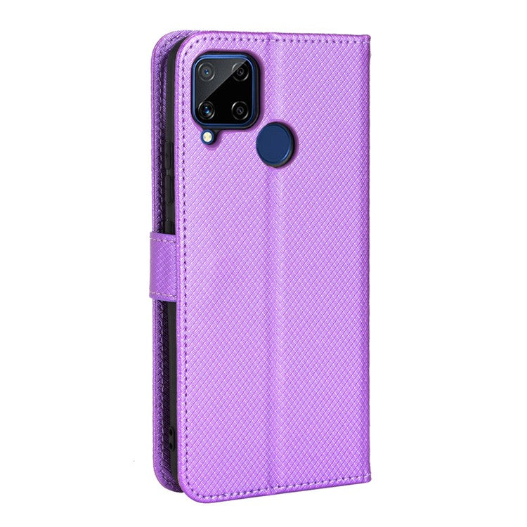 For Realme C15 Diamond Texture Magnetic Clasp Phone Case Cover PU Leather Wallet Stand Cell Phone Shell with Strap - Purple