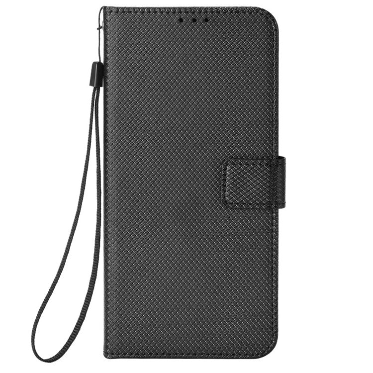 For Realme C21Y/C25Y Diamond Texture Phone Case Cover PU Leather Full Protection Wallet Stand Cell Phone Shell with Strap - Black