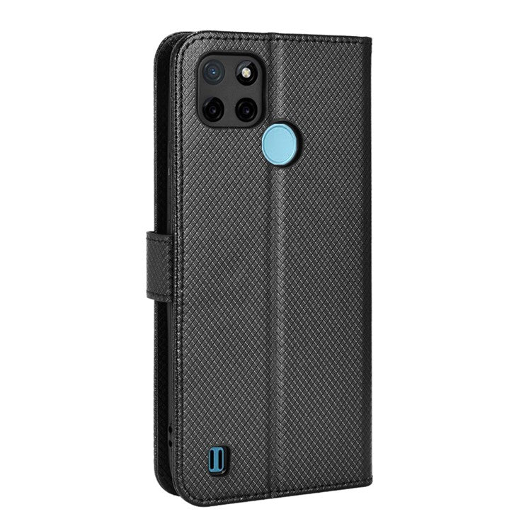 For Realme C21Y/C25Y Diamond Texture Phone Case Cover PU Leather Full Protection Wallet Stand Cell Phone Shell with Strap - Black