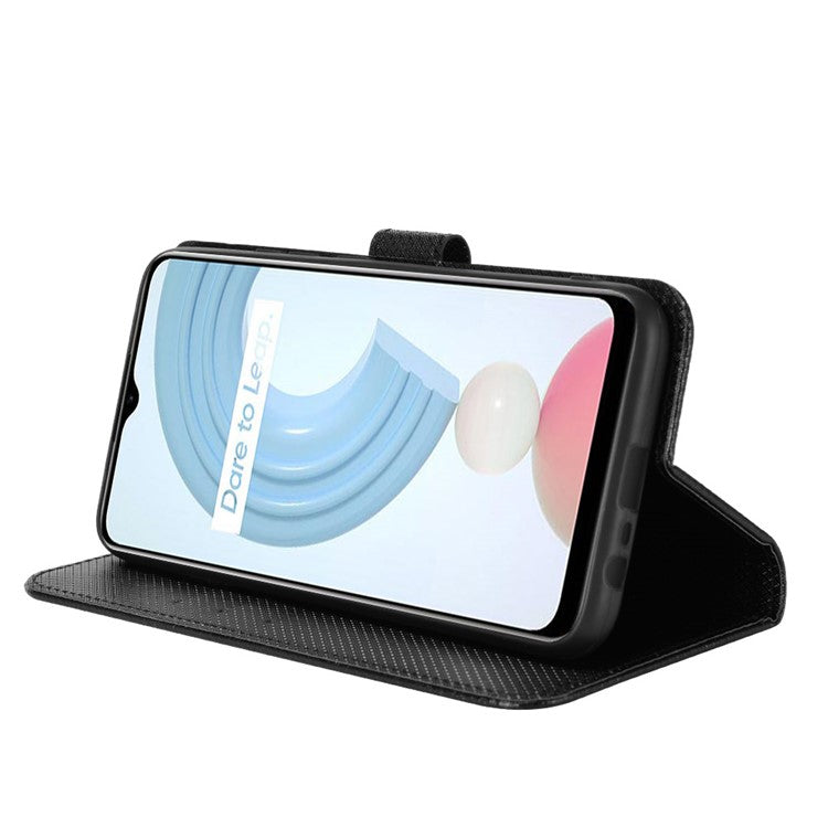For Realme C21Y/C25Y Diamond Texture Phone Case Cover PU Leather Full Protection Wallet Stand Cell Phone Shell with Strap - Black