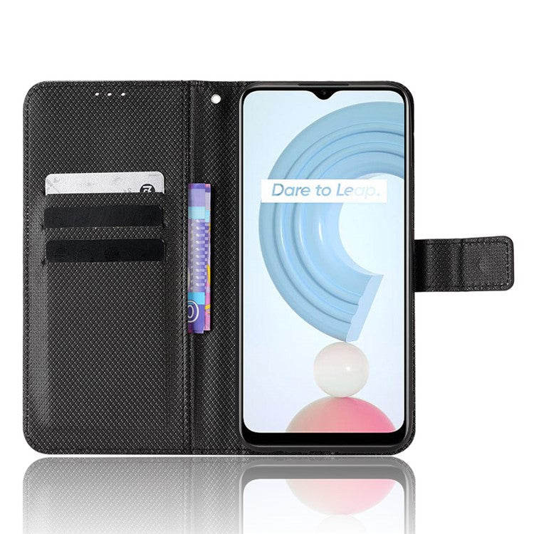 For Realme C21Y/C25Y Diamond Texture Phone Case Cover PU Leather Full Protection Wallet Stand Cell Phone Shell with Strap - Black