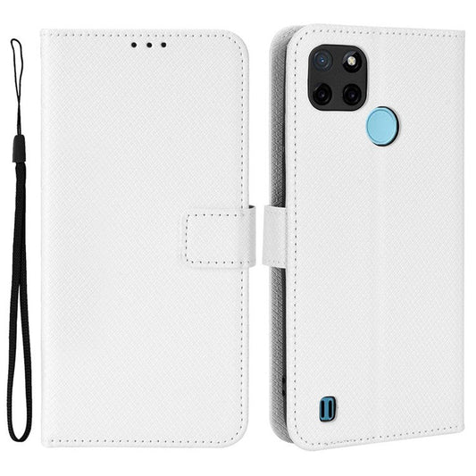 For Realme C21Y/C25Y Diamond Texture Phone Case Cover PU Leather Full Protection Wallet Stand Cell Phone Shell with Strap - White