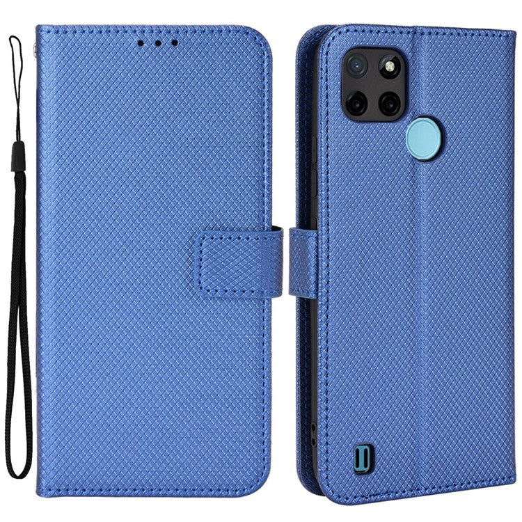 For Realme C21Y/C25Y Diamond Texture Phone Case Cover PU Leather Full Protection Wallet Stand Cell Phone Shell with Strap - Blue