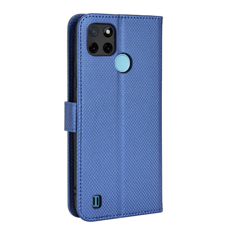 For Realme C21Y/C25Y Diamond Texture Phone Case Cover PU Leather Full Protection Wallet Stand Cell Phone Shell with Strap - Blue