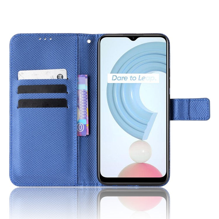 For Realme C21Y/C25Y Diamond Texture Phone Case Cover PU Leather Full Protection Wallet Stand Cell Phone Shell with Strap - Blue