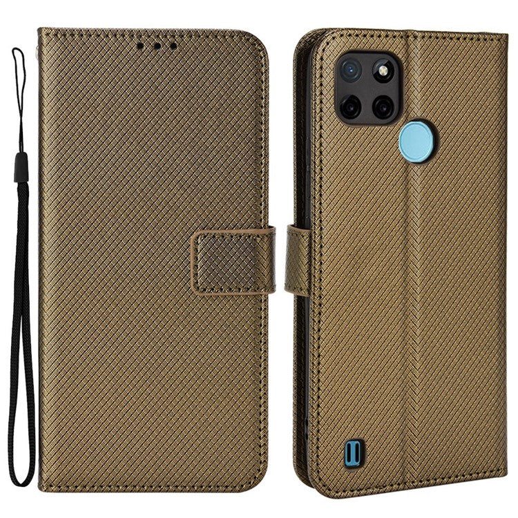 For Realme C21Y/C25Y Diamond Texture Phone Case Cover PU Leather Full Protection Wallet Stand Cell Phone Shell with Strap - Brown