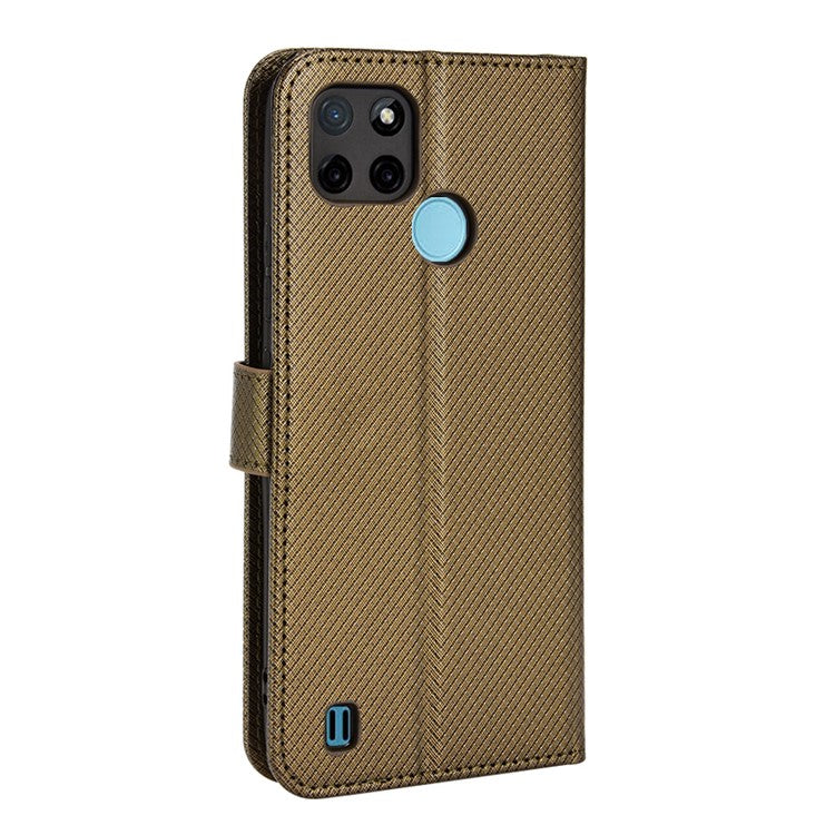 For Realme C21Y/C25Y Diamond Texture Phone Case Cover PU Leather Full Protection Wallet Stand Cell Phone Shell with Strap - Brown
