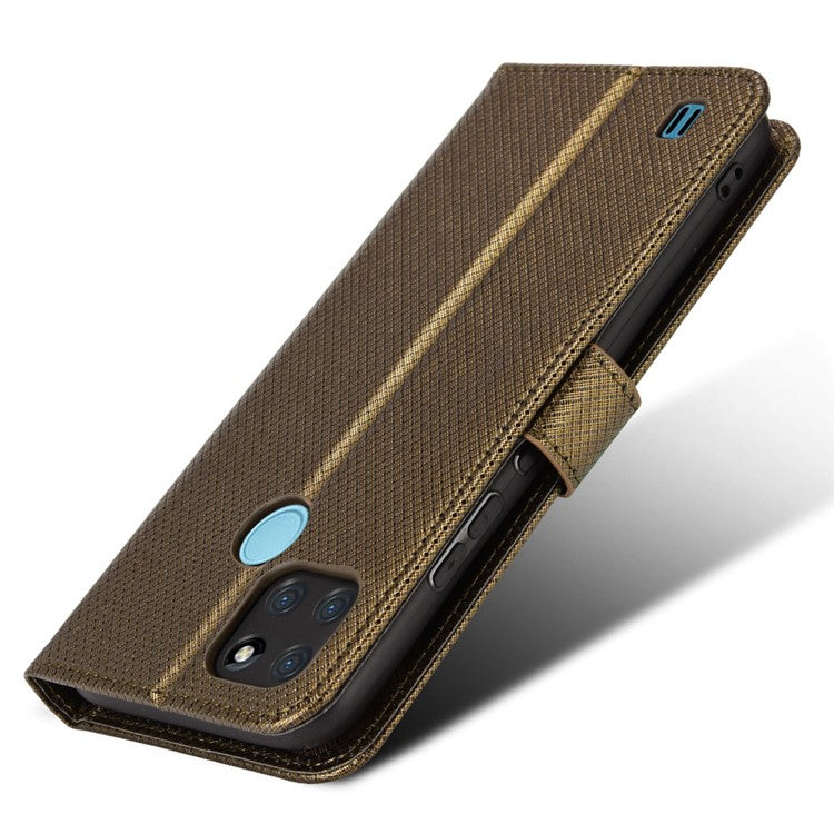 For Realme C21Y/C25Y Diamond Texture Phone Case Cover PU Leather Full Protection Wallet Stand Cell Phone Shell with Strap - Brown