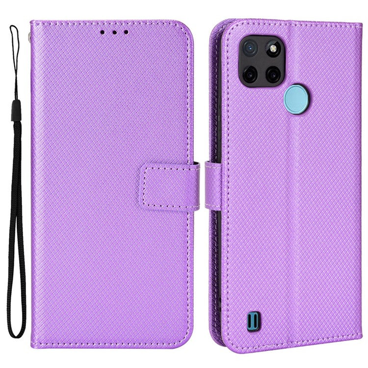 For Realme C21Y/C25Y Diamond Texture Phone Case Cover PU Leather Full Protection Wallet Stand Cell Phone Shell with Strap - Purple