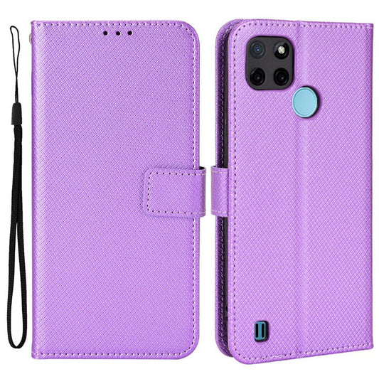 For Realme C21Y/C25Y Diamond Texture Phone Case Cover PU Leather Full Protection Wallet Stand Cell Phone Shell with Strap - Purple