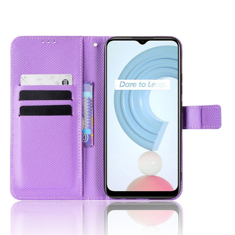 For Realme C21Y/C25Y Diamond Texture Phone Case Cover PU Leather Full Protection Wallet Stand Cell Phone Shell with Strap - Purple