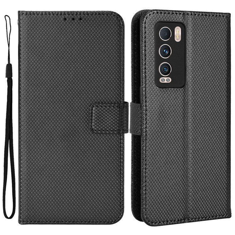 For Realme GT Explorer Master Diamond Texture Phone Case Cover PU Leather Wallet Viewing Stand Cell Phone Shell with Strap - Black