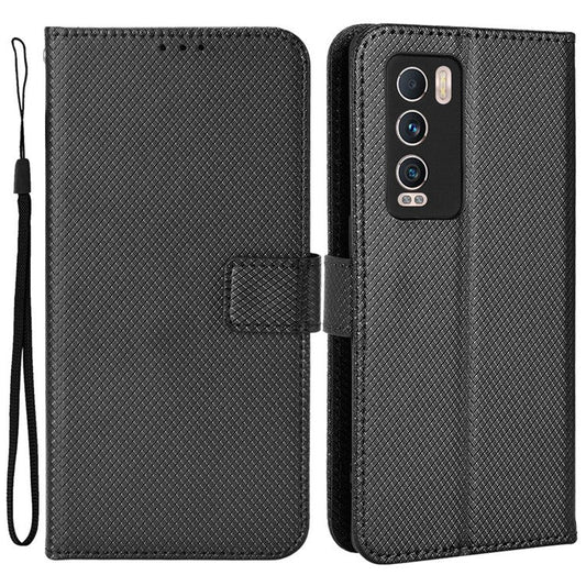 For Realme GT Explorer Master Diamond Texture Phone Case Cover PU Leather Wallet Viewing Stand Cell Phone Shell with Strap - Black