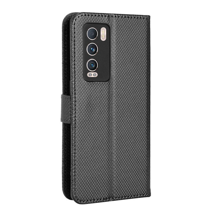 For Realme GT Explorer Master Diamond Texture Phone Case Cover PU Leather Wallet Viewing Stand Cell Phone Shell with Strap - Black