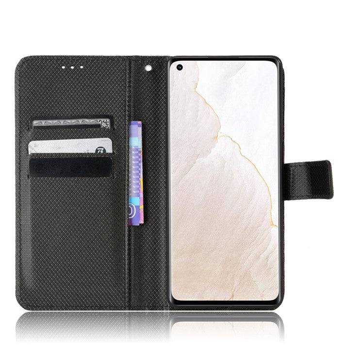 For Realme GT Explorer Master Diamond Texture Phone Case Cover PU Leather Wallet Viewing Stand Cell Phone Shell with Strap - Black