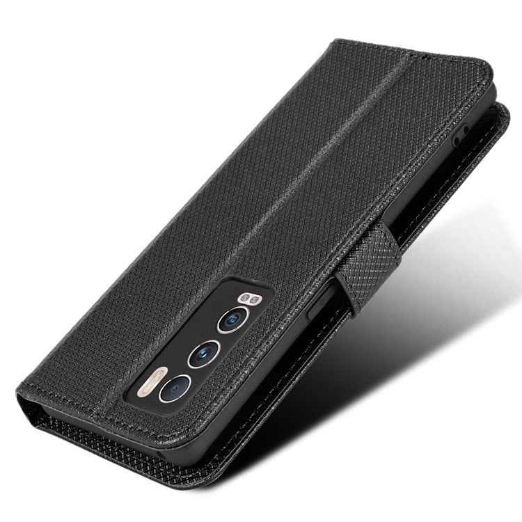 For Realme GT Explorer Master Diamond Texture Phone Case Cover PU Leather Wallet Viewing Stand Cell Phone Shell with Strap - Black