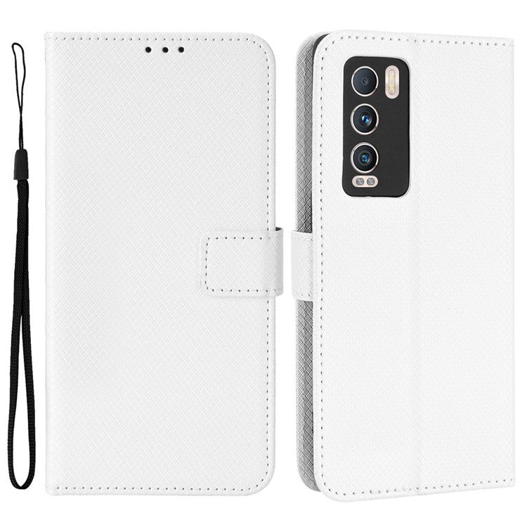 For Realme GT Explorer Master Diamond Texture Phone Case Cover PU Leather Wallet Viewing Stand Cell Phone Shell with Strap - White