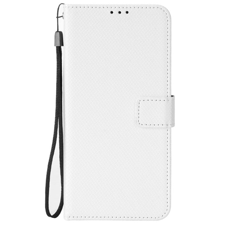 For Realme GT Explorer Master Diamond Texture Phone Case Cover PU Leather Wallet Viewing Stand Cell Phone Shell with Strap - White