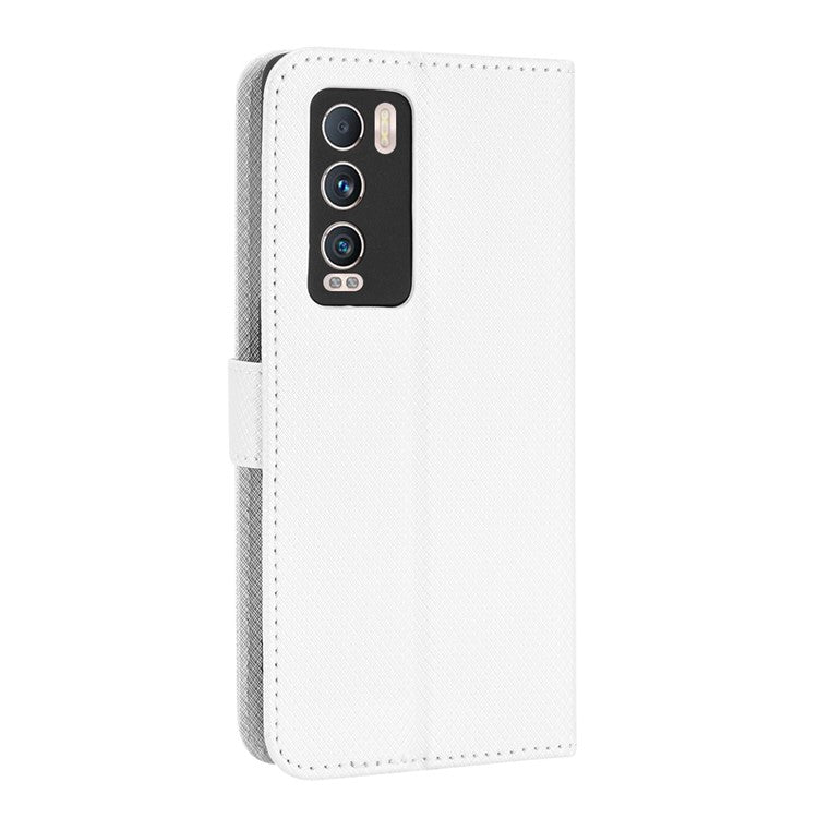 For Realme GT Explorer Master Diamond Texture Phone Case Cover PU Leather Wallet Viewing Stand Cell Phone Shell with Strap - White