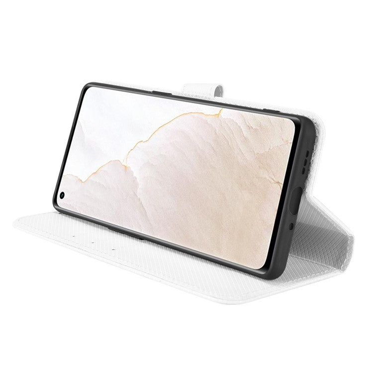 For Realme GT Explorer Master Diamond Texture Phone Case Cover PU Leather Wallet Viewing Stand Cell Phone Shell with Strap - White