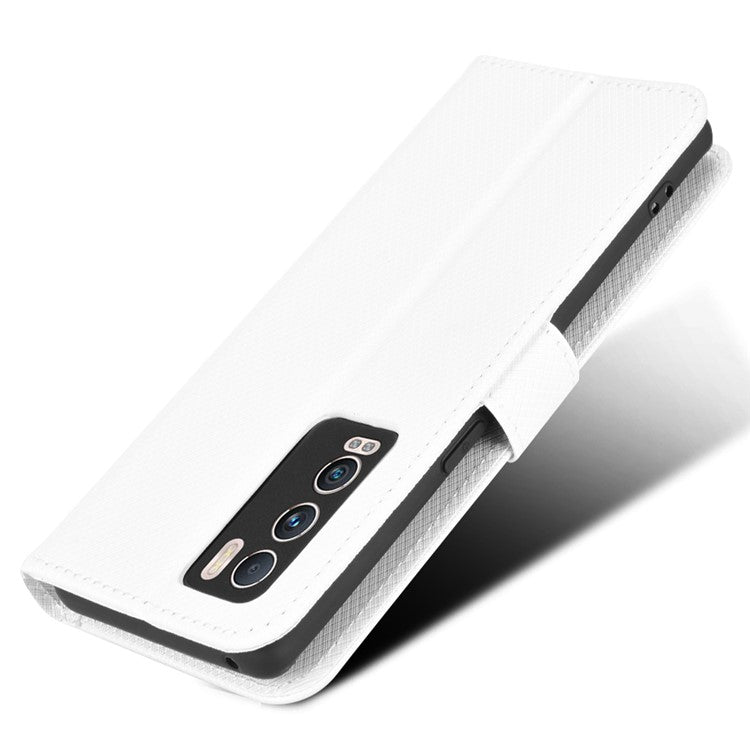 For Realme GT Explorer Master Diamond Texture Phone Case Cover PU Leather Wallet Viewing Stand Cell Phone Shell with Strap - White