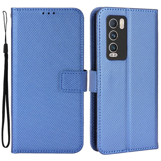 For Realme GT Explorer Master Diamond Texture Phone Case Cover PU Leather Wallet Viewing Stand Cell Phone Shell with Strap - Blue