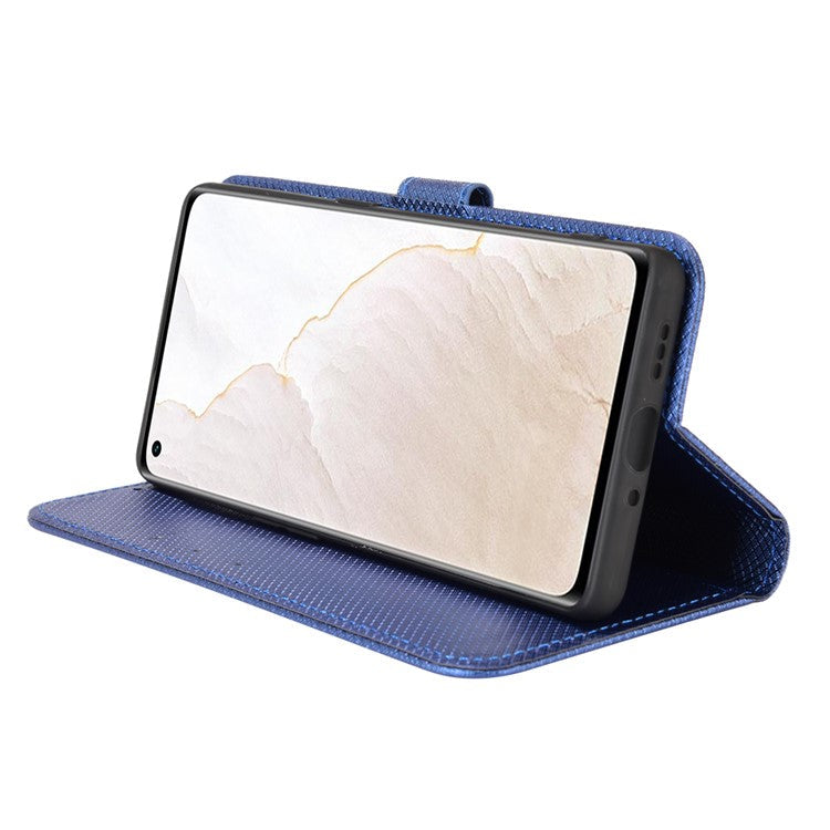 For Realme GT Explorer Master Diamond Texture Phone Case Cover PU Leather Wallet Viewing Stand Cell Phone Shell with Strap - Blue