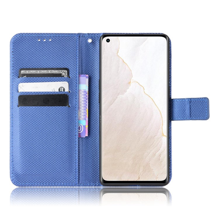 For Realme GT Explorer Master Diamond Texture Phone Case Cover PU Leather Wallet Viewing Stand Cell Phone Shell with Strap - Blue