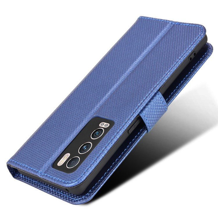 For Realme GT Explorer Master Diamond Texture Phone Case Cover PU Leather Wallet Viewing Stand Cell Phone Shell with Strap - Blue