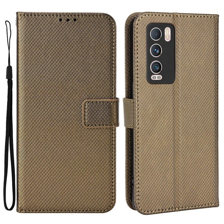 For Realme GT Explorer Master Diamond Texture Phone Case Cover PU Leather Wallet Viewing Stand Cell Phone Shell with Strap - Brown