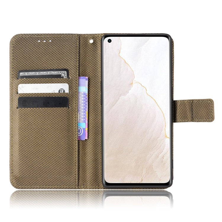 For Realme GT Explorer Master Diamond Texture Phone Case Cover PU Leather Wallet Viewing Stand Cell Phone Shell with Strap - Brown