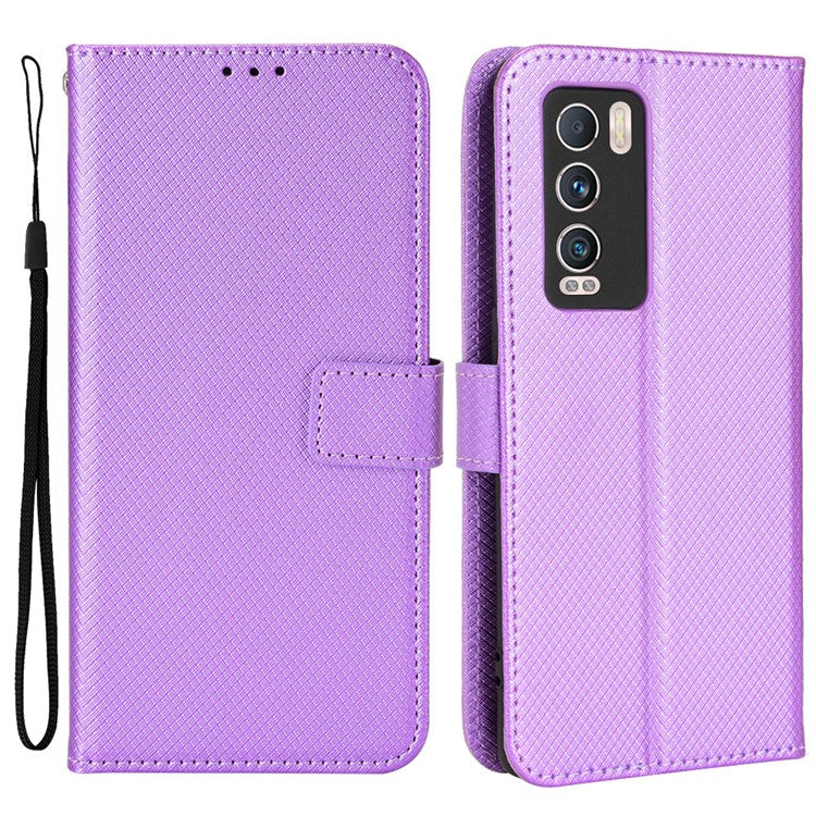 For Realme GT Explorer Master Diamond Texture Phone Case Cover PU Leather Wallet Viewing Stand Cell Phone Shell with Strap - Purple