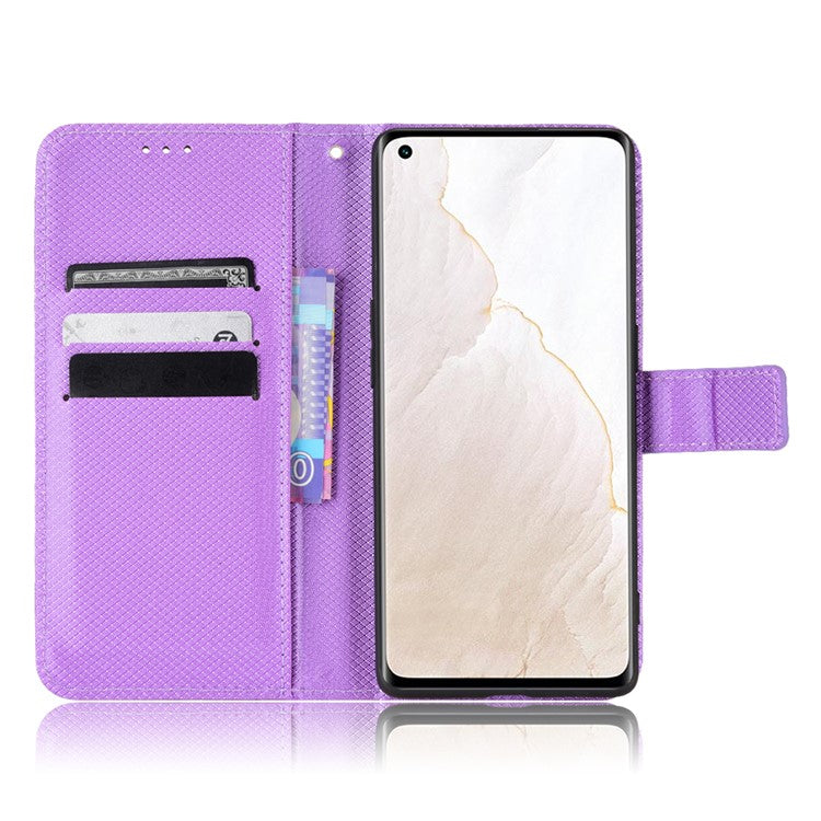 For Realme GT Explorer Master Diamond Texture Phone Case Cover PU Leather Wallet Viewing Stand Cell Phone Shell with Strap - Purple