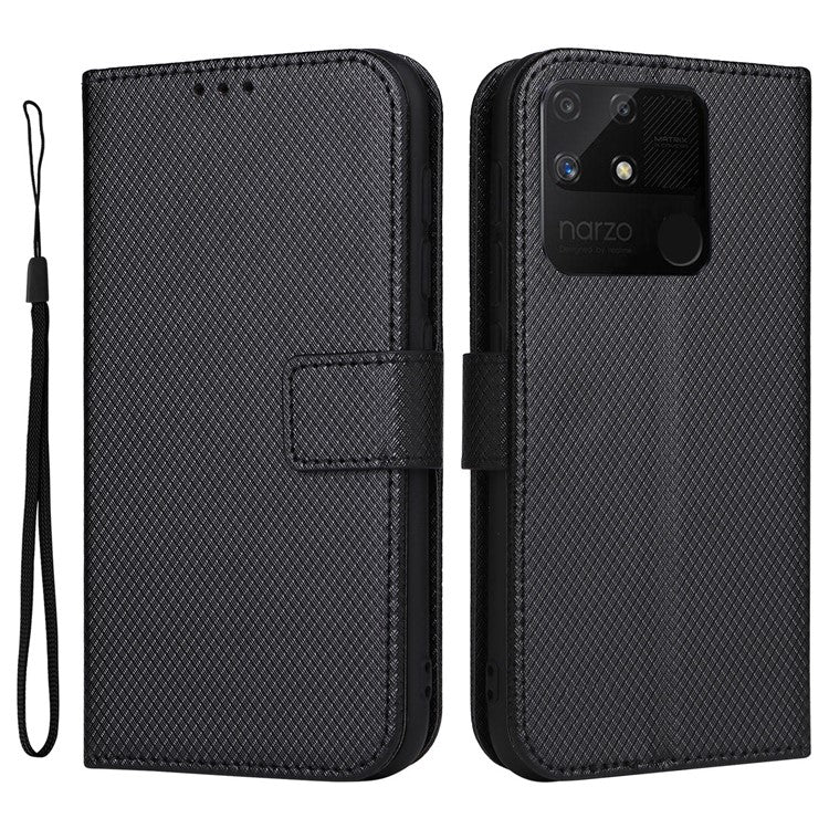 For Realme Narzo 50A Phone Case Cover Diamond Texture PU Leather Wallet Stand Cell Phone Shell with Strap - Black