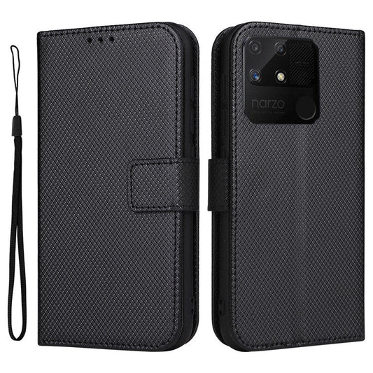 For Realme Narzo 50A Phone Case Cover Diamond Texture PU Leather Wallet Stand Cell Phone Shell with Strap - Black