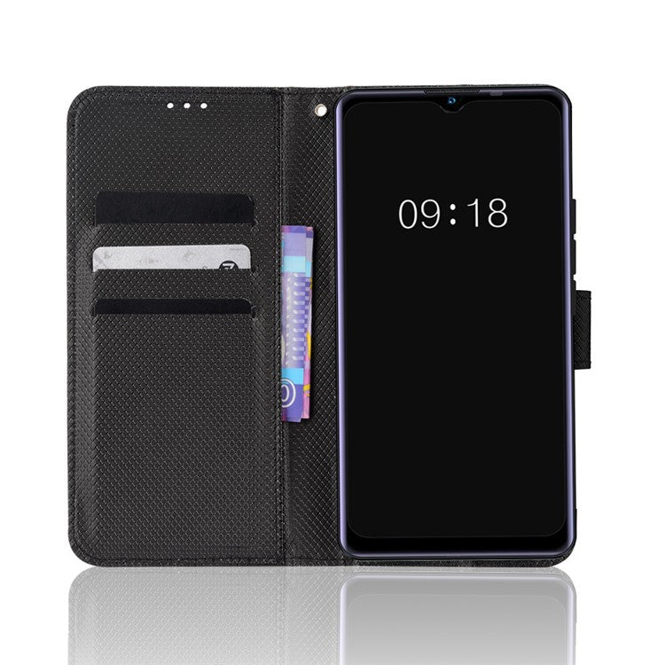 For Realme Narzo 50A Phone Case Cover Diamond Texture PU Leather Wallet Stand Cell Phone Shell with Strap - Black