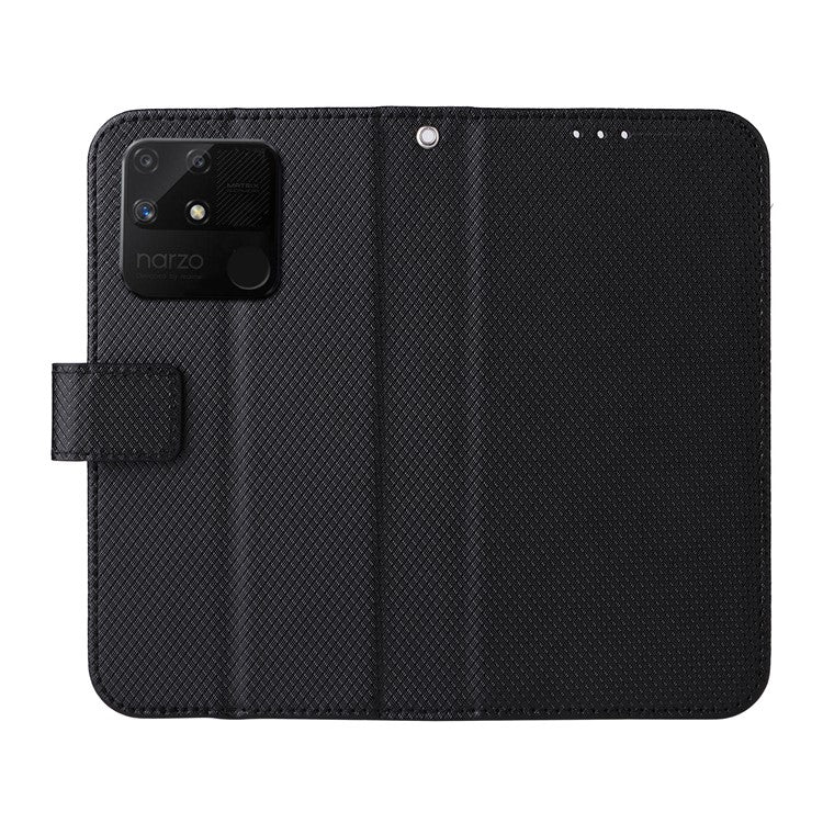 For Realme Narzo 50A Phone Case Cover Diamond Texture PU Leather Wallet Stand Cell Phone Shell with Strap - Black