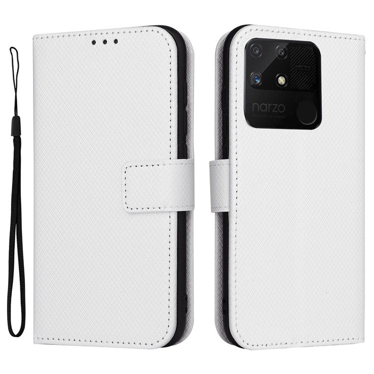 For Realme Narzo 50A Phone Case Cover Diamond Texture PU Leather Wallet Stand Cell Phone Shell with Strap - White